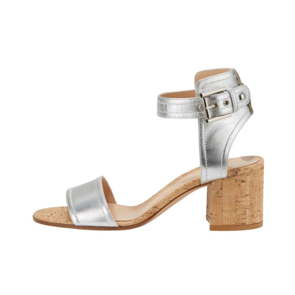 Gianvito Rossi Rikki Low Metallic Block Heel Sandals Womens 37 7 Silver Buckle